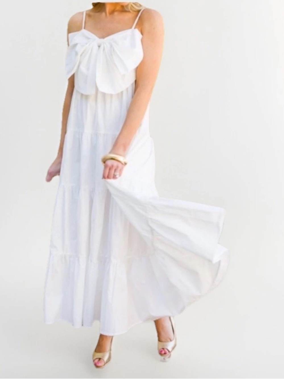 Front bow white tiered dress cotton size S